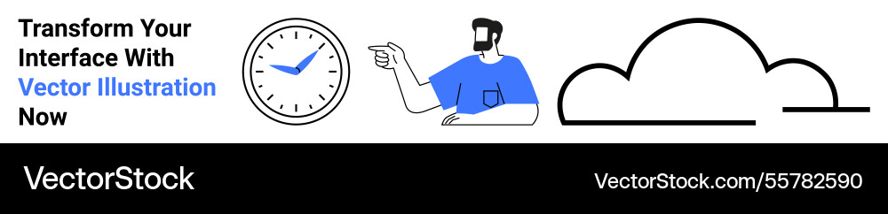 Man pointing at clock next to simplistic cloud Man pointing at clock next to simplistic cloud vector image