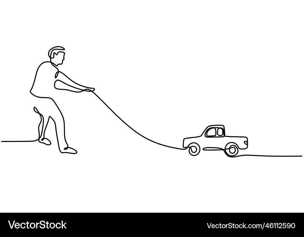 One continuous single line of little boy pulling One continuous single line of little boy pulling vector image
