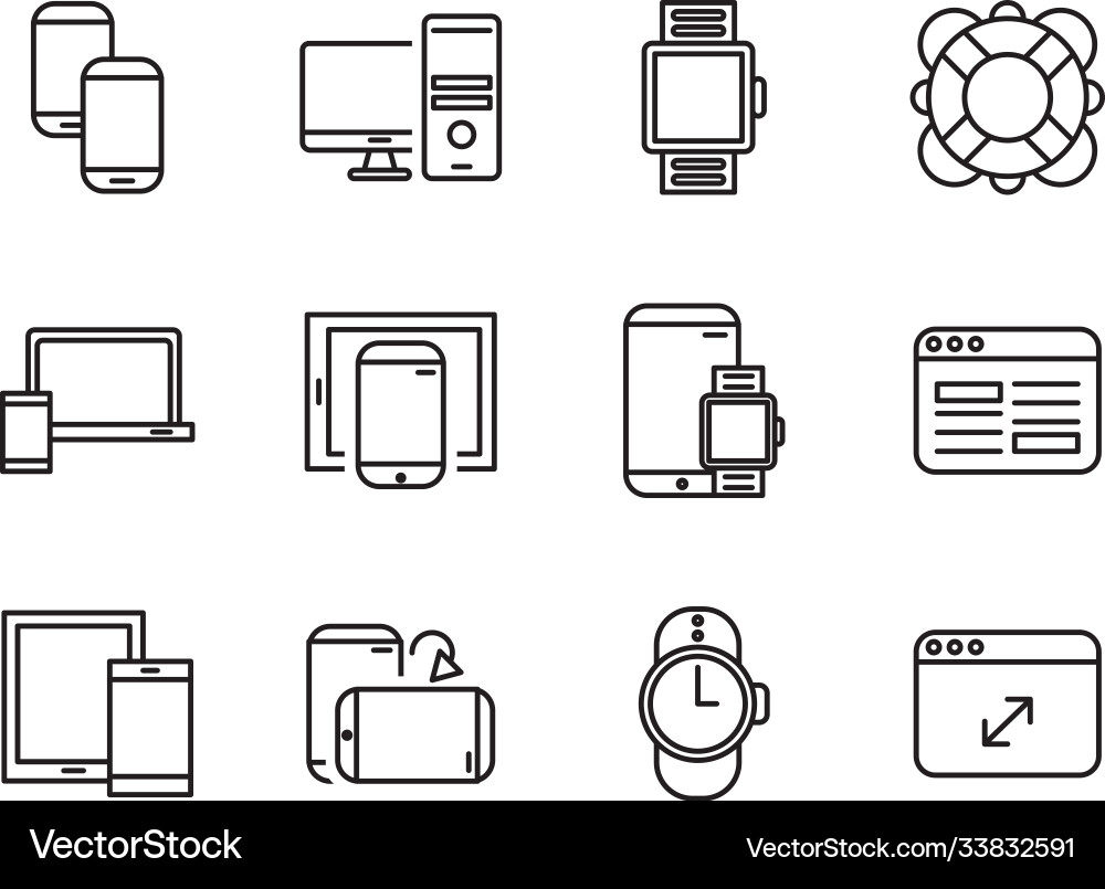 Bundle mockup responsive set line style icons Bundle mockup responsive set line style icons vector image