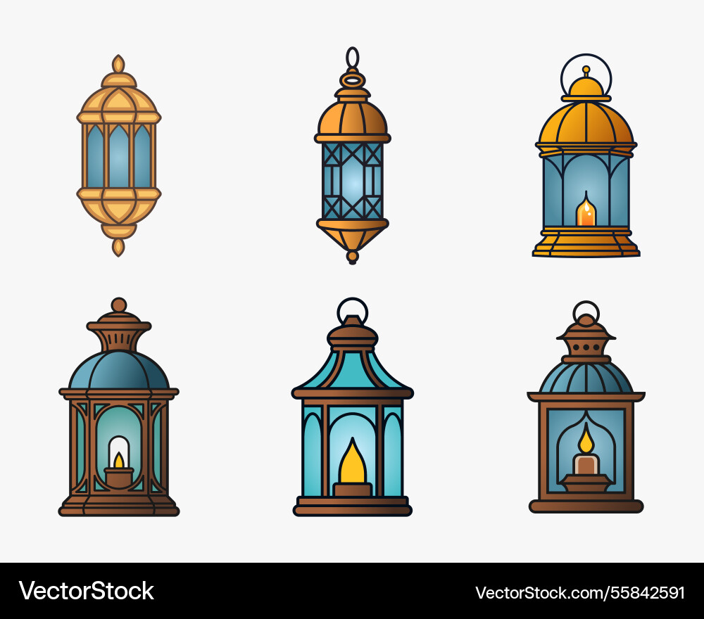Islamic lantern outline and silhouette icon set Islamic lantern outline and silhouette icon set vector image