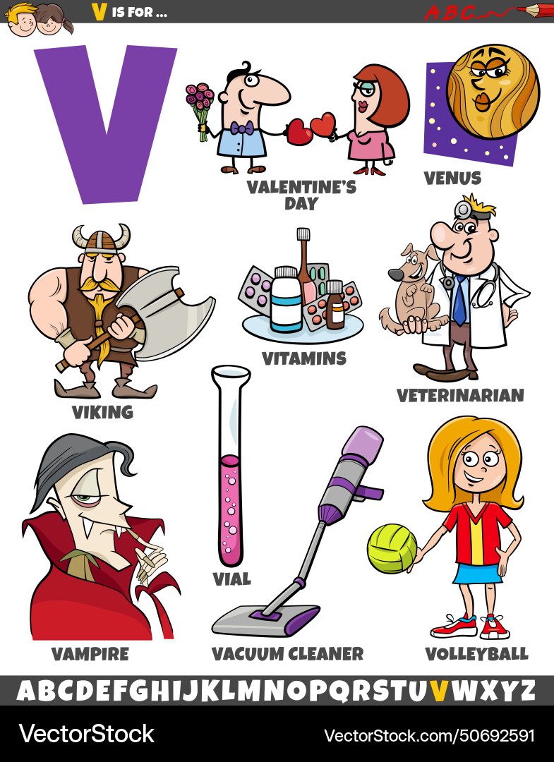 Letter v set with cartoon objects and characters Vector Image