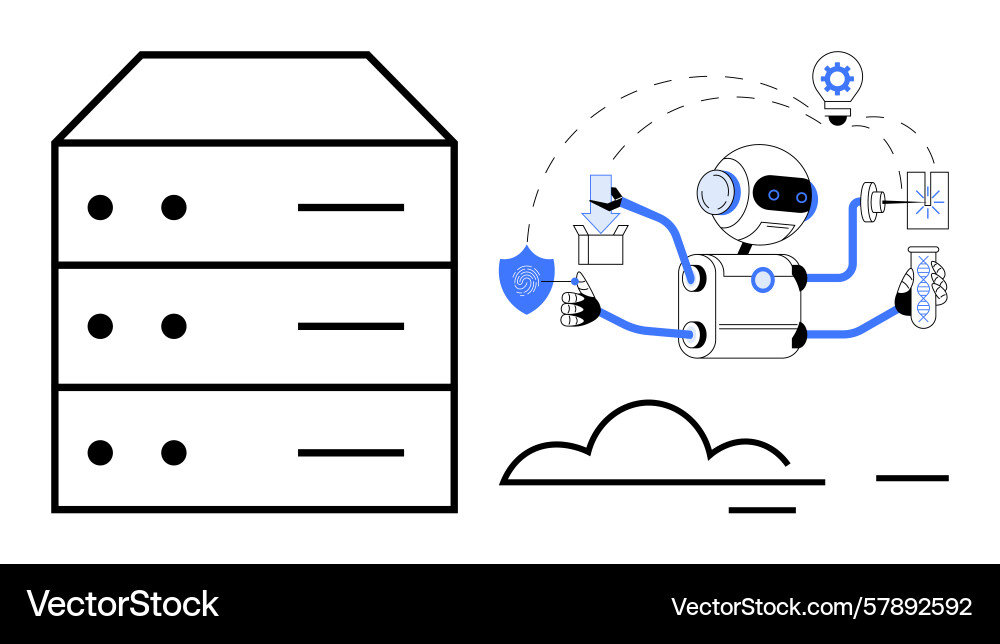 Ai robot managing cloud data with automation tools Ai robot managing cloud data with automation tools vector image