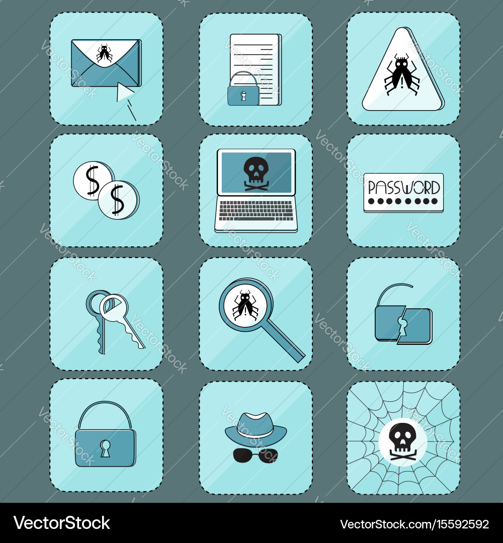Hacker attack computer virus set of icons vector image