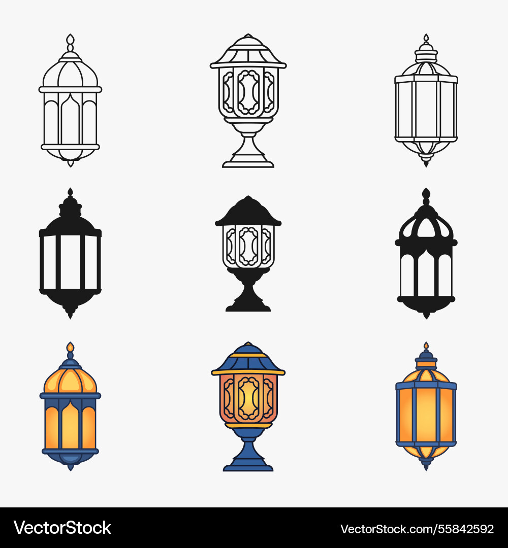 Islamic lantern outline and silhouette icon set Islamic lantern outline and silhouette icon set vector image
