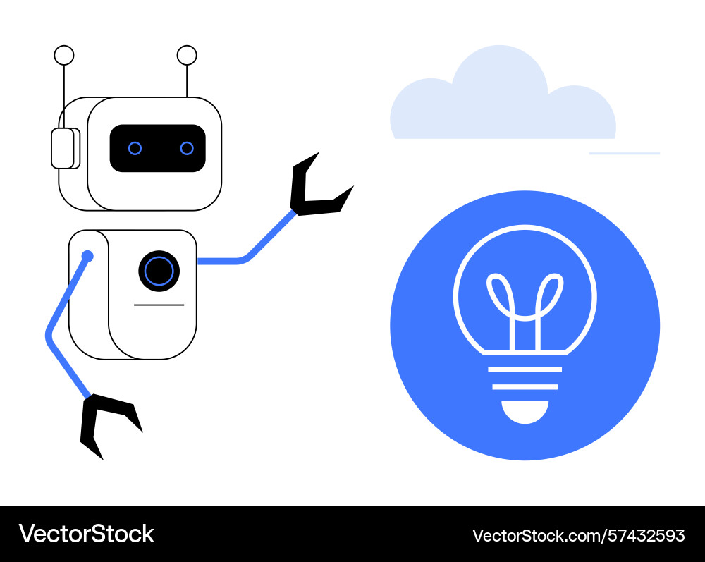 Robot pointing at glowing bulb icon under cloud Robot pointing at glowing bulb icon under cloud vector image