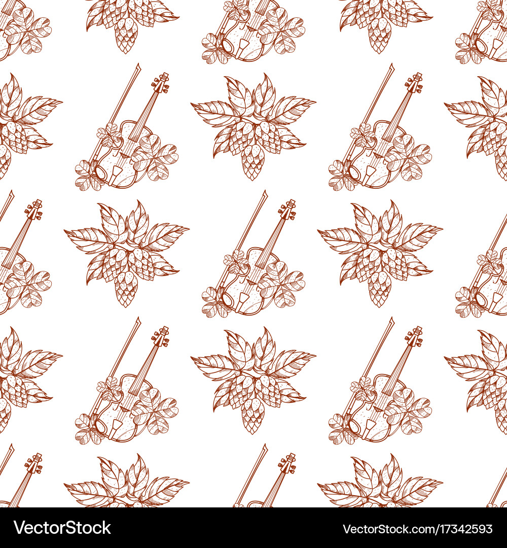 Seamless pattern with violins and hops branch vector image