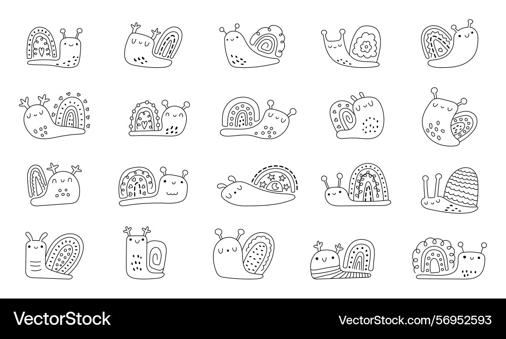 Snail character outline line art set created with Snail character outline line art set created with vector image
