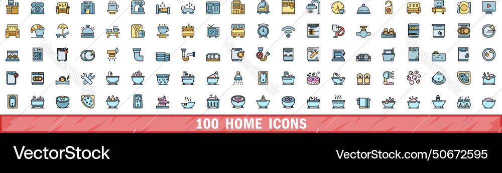 100 home icons set color line style 100 home icons set color line style vector image