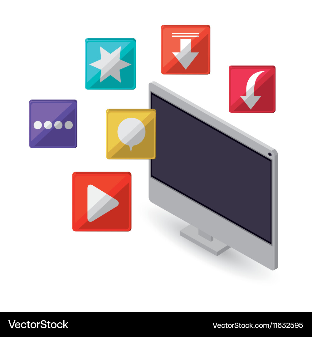 Computer with internet related icons image Vector Image