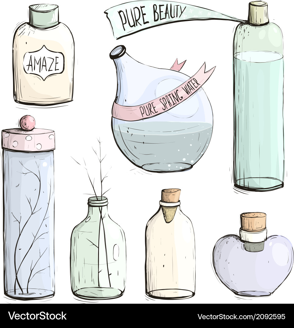 Perfume bottles and flask collection drawing vector image