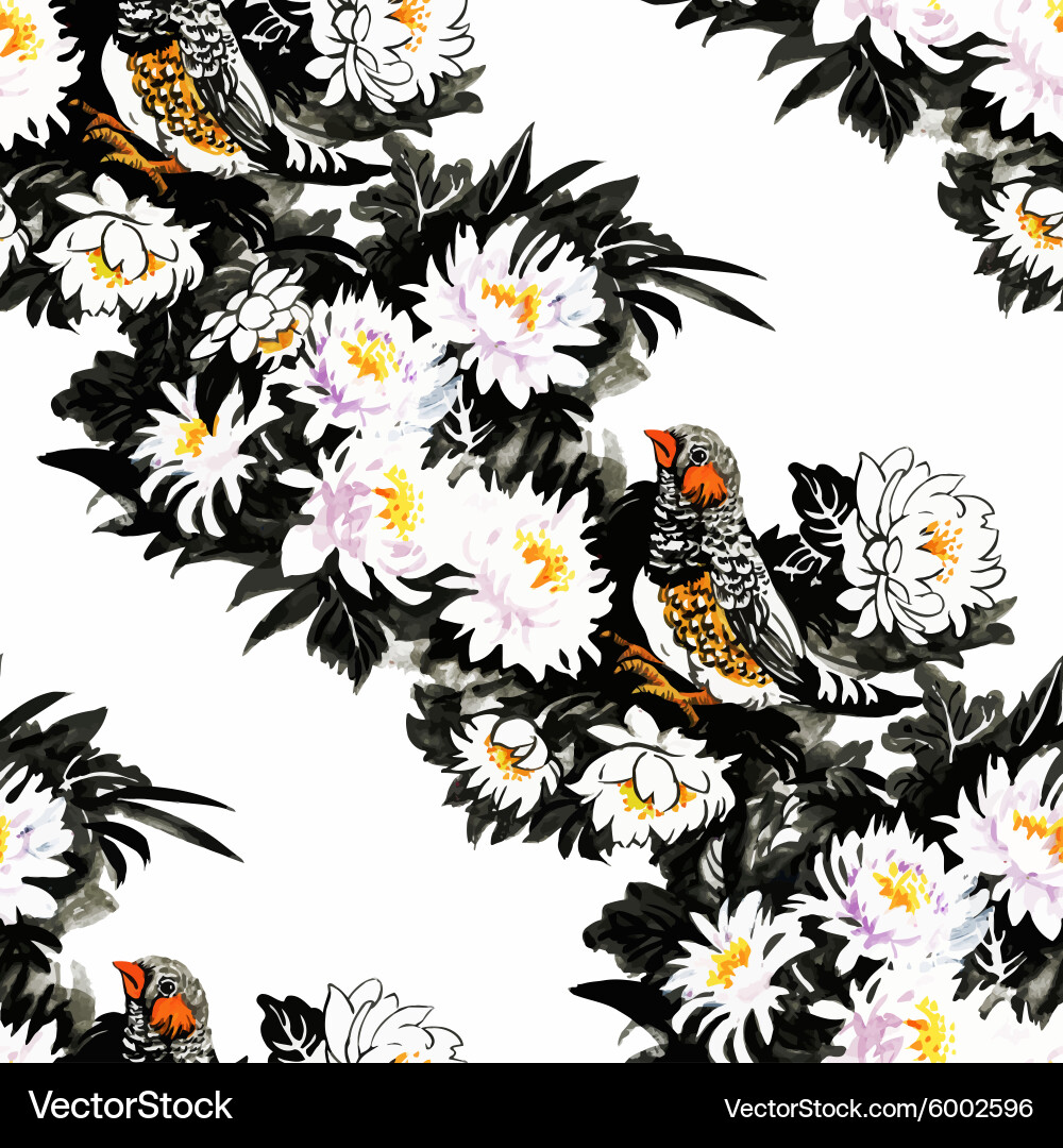 Watercolor wild exotic birds on flowers seamless Vector Image