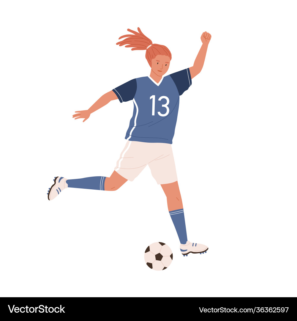 Young female soccer player running up and kicking Young female soccer player running up and kicking vector image