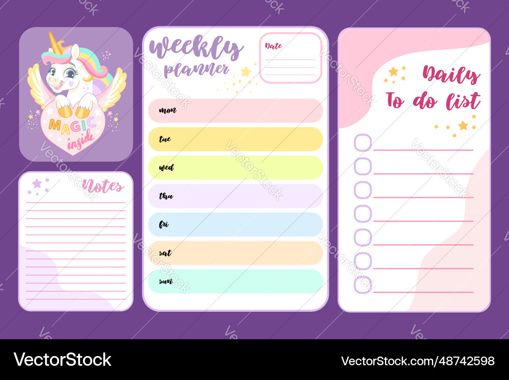 Druckbare Einhorn Tagesplaner und Notizseiten Set Druckbare Einhorn Tagesplaner und Notizseiten Set vektorbild