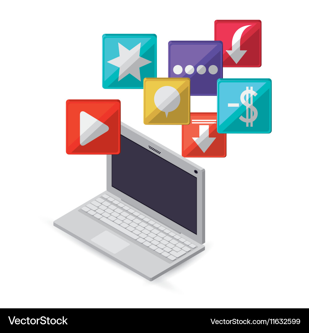 Computer with internet related icons image Vector Image