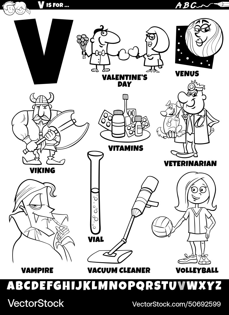 Letter v set with cartoon objects and characters vector image