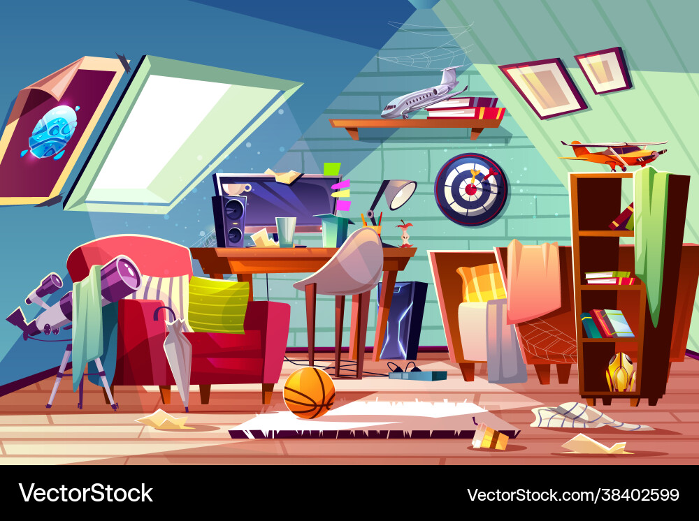 Teen boy messy attic room interior cartoon Teen boy messy attic room interior cartoon vector image
