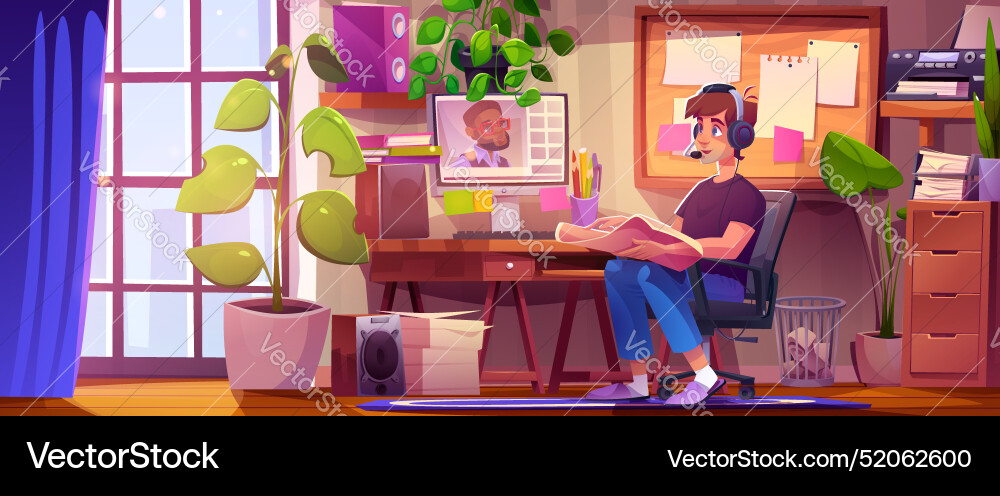Remote work from home on computer desk in flat Remote work from home on computer desk in flat vector image