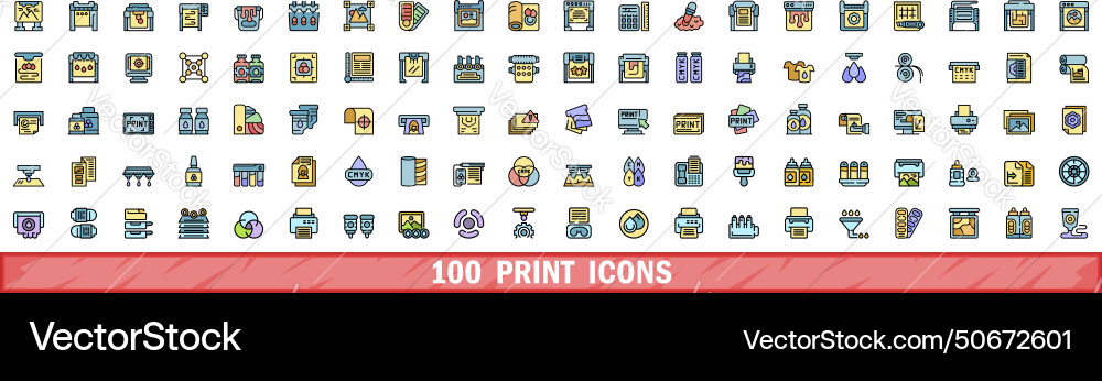 100 print icons set color line style 100 print icons set color line style vector image