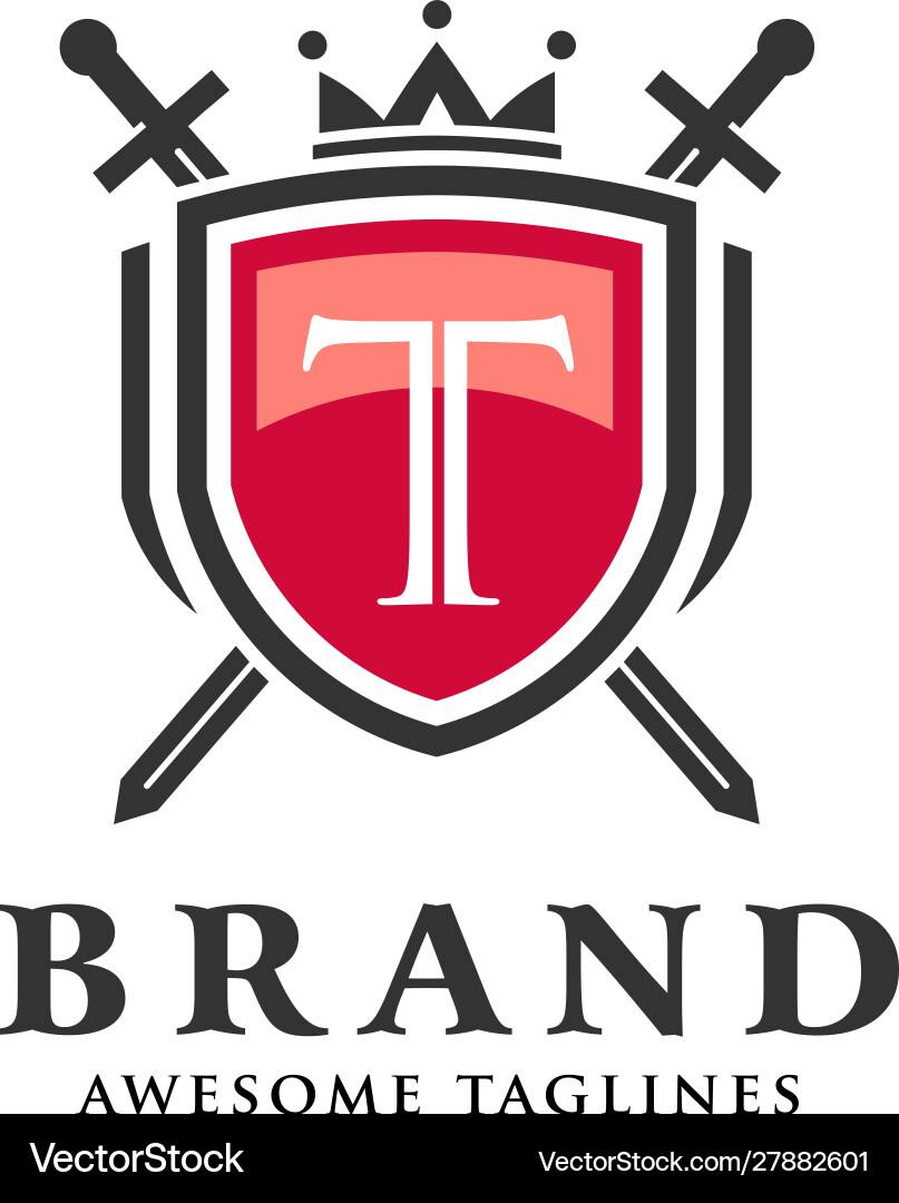 Letter t with two crossed swordsshield crown Letter t with two crossed swordsshield crown vector image