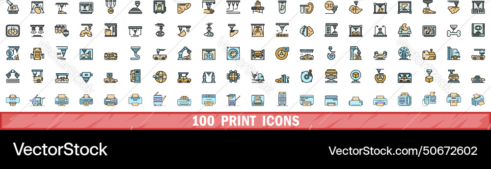 100 print icons set color line style 100 print icons set color line style vector image