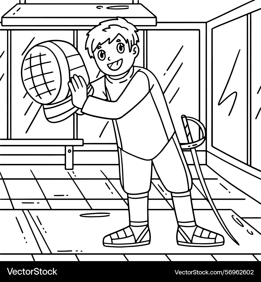 Fencing male fencer putting on mask coloring page Vector Image