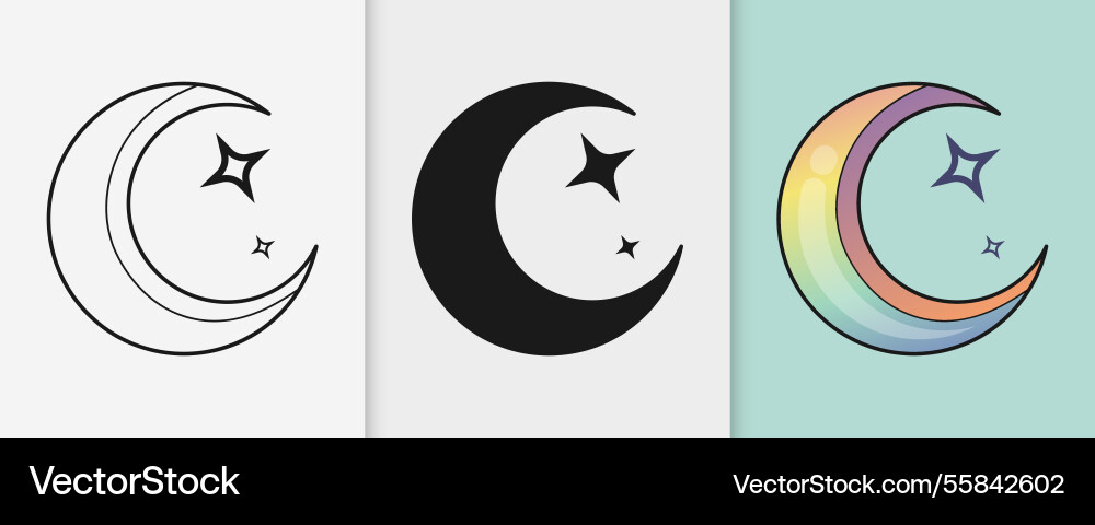 Islamic crescent moon with stars outline Islamic crescent moon with stars outline vector image