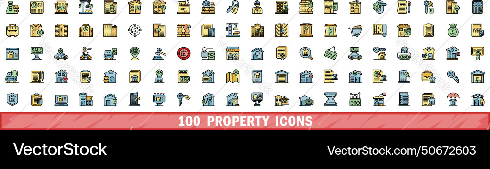 100 property icons set color line style 100 property icons set color line style vector image