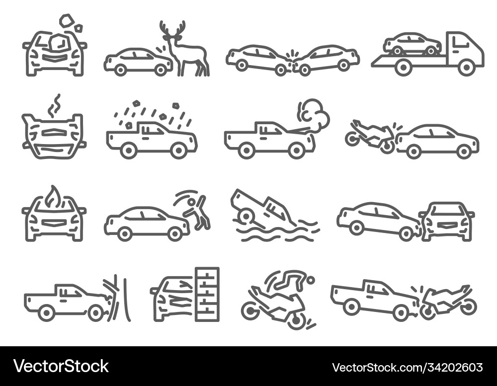 Car bike vehicle accident outline icons set Car bike vehicle accident outline icons set vector image