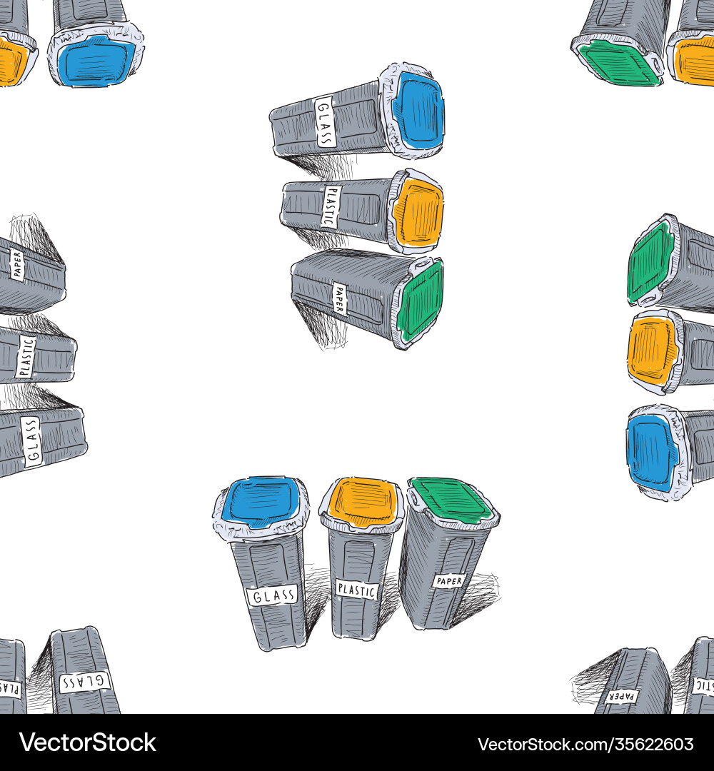 Seamless pattern drawn trash cans with sorting Seamless pattern drawn trash cans with sorting vector image