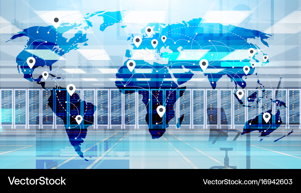 World map over data center room hosting server Vector Image