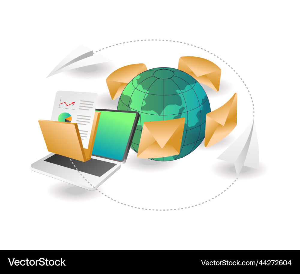 Flat isometric concept send email data to any Flat isometric concept send email data to any vector image
