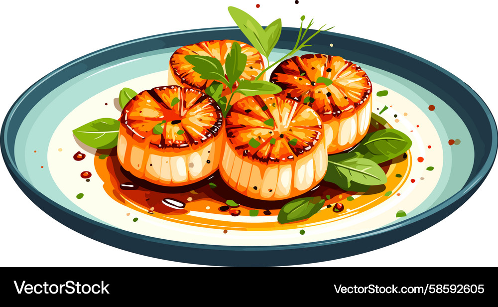 Golden seared scallops with cross-hatch marks Golden seared scallops with cross-hatch marks Vector Image