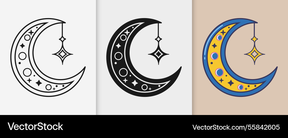Islamic crescent moon with stars outline Islamic crescent moon with stars outline vector image