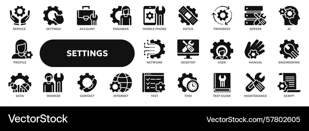 Set of solid icons related to settings vector image