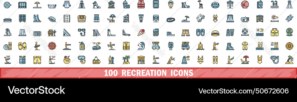 100 recreation icons set color line style vector image