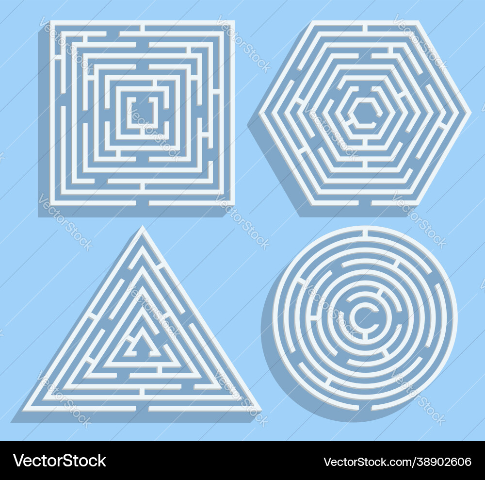 Maze Set: Square, Circle, Hexagon, Triangle vector image