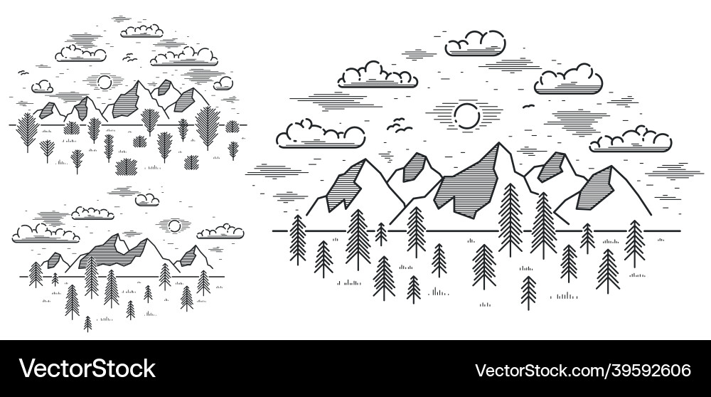 Mountains range and pine forest linear isolated Mountains range and pine forest linear isolated vector image
