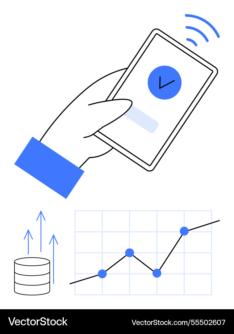 Hand using smartphone with success checkmark Hand using smartphone with success checkmark vector image