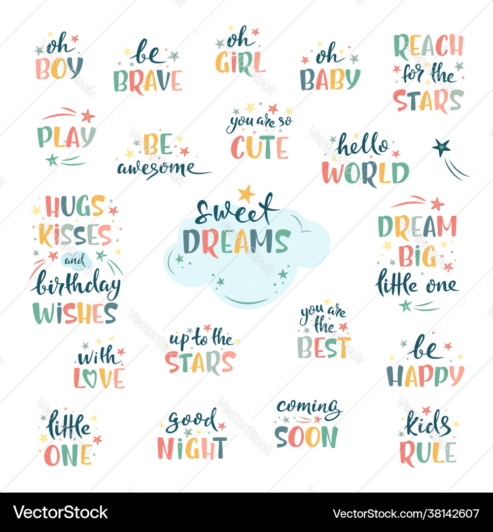 Nursery hand lettering set cute colorful text Nursery hand lettering set cute colorful text vector image