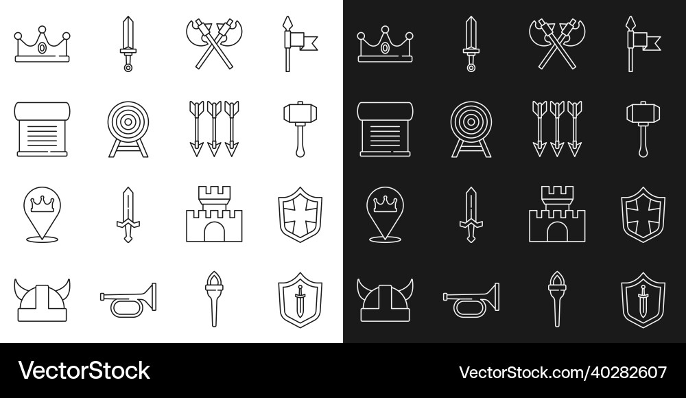 Set line medieval shield with sword Set line medieval shield with sword Vector Image