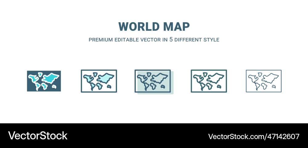 World map icon in 5 different style outline World map icon in 5 different style outline Vector Image