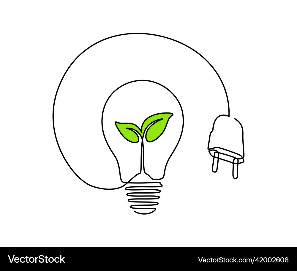 Plant inside lightbulb with plug in one continuous Plant inside lightbulb with plug in one continuous vector image