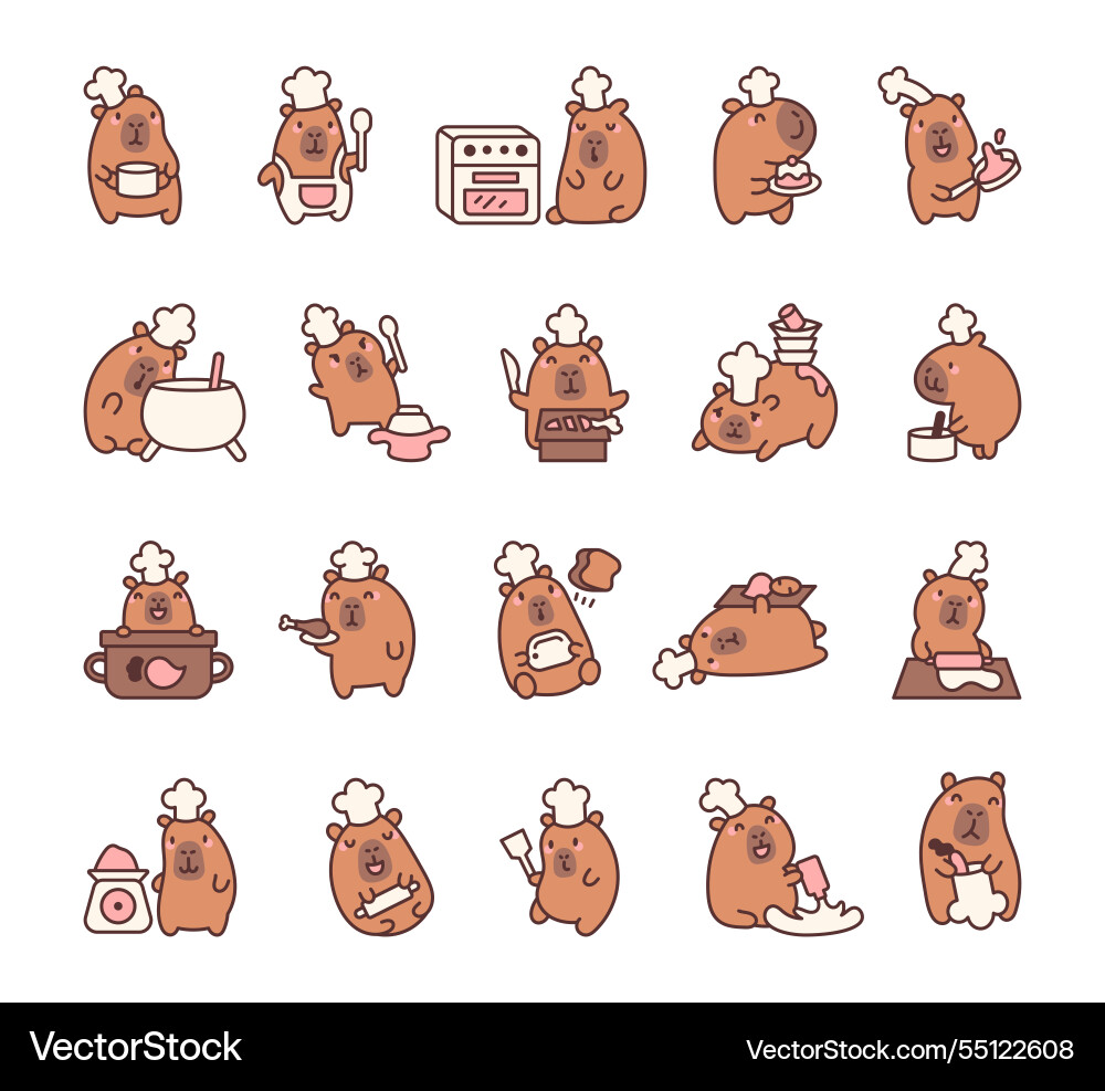 Set of capybara in chef hat with baking tools Set of capybara in chef hat with baking tools vector image