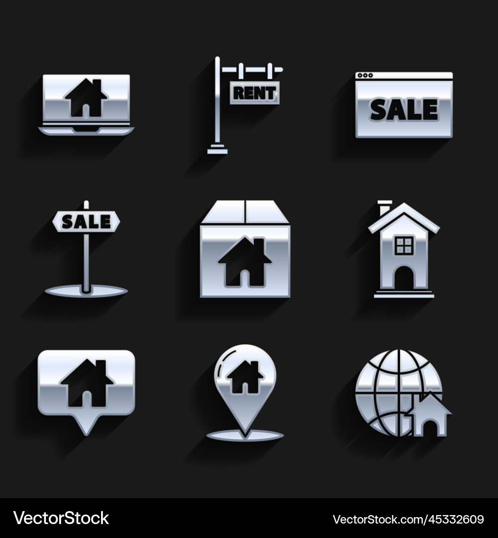 Set cardboard box with house map pointer globe Set cardboard box with house map pointer globe vector image
