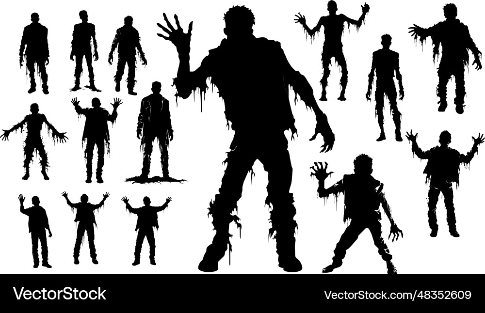 Zombie standing and walking actions in silhouette Vector Image