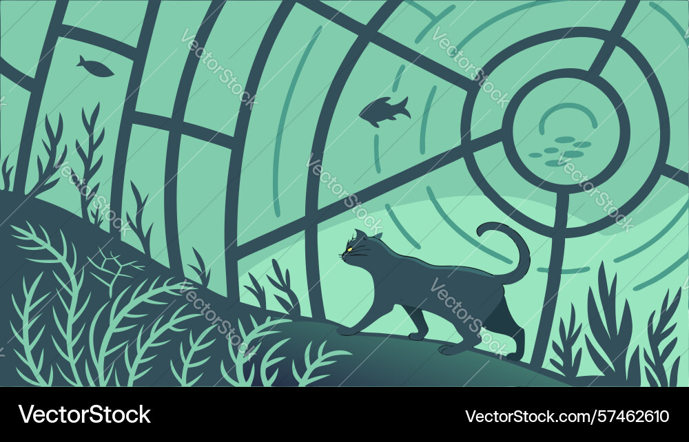 Black cat in abstract circular water pattern vector image