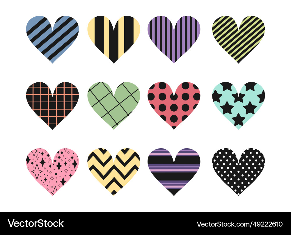 Heart icon set with various patterns dots stripes Heart icon set with various patterns dots stripes Vector Image