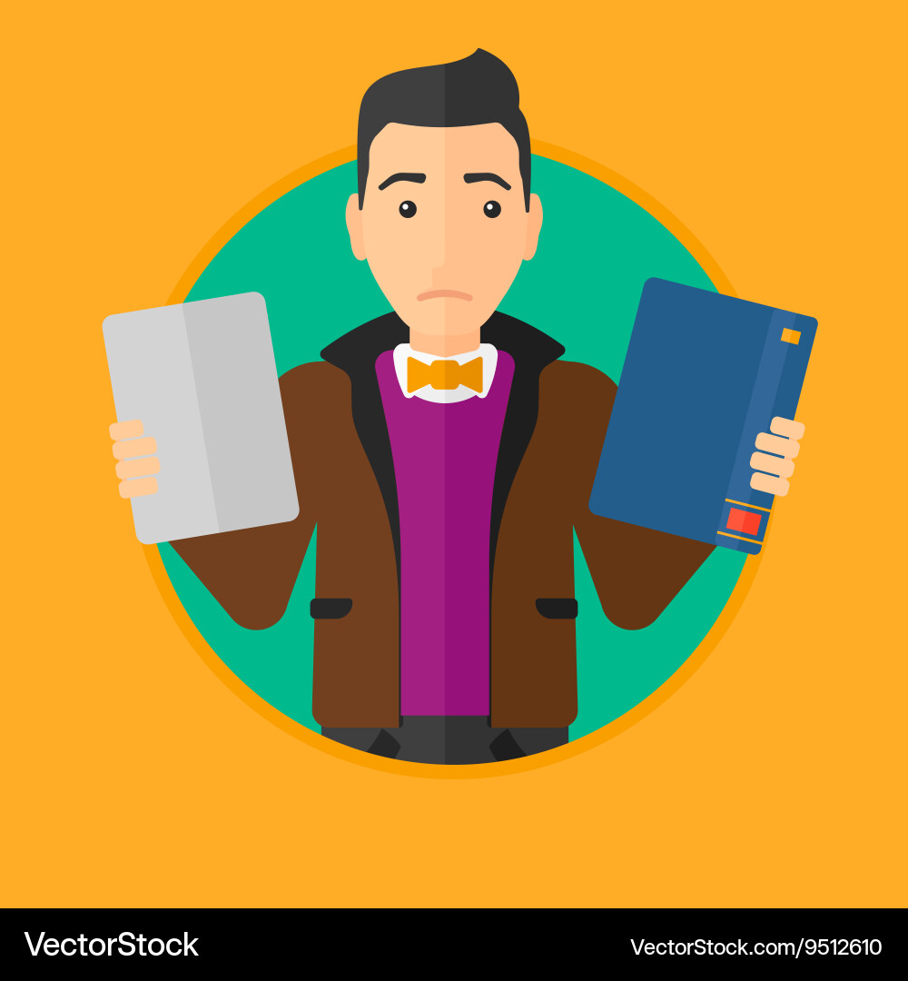 Man choosing between book and tablet computer vector image
