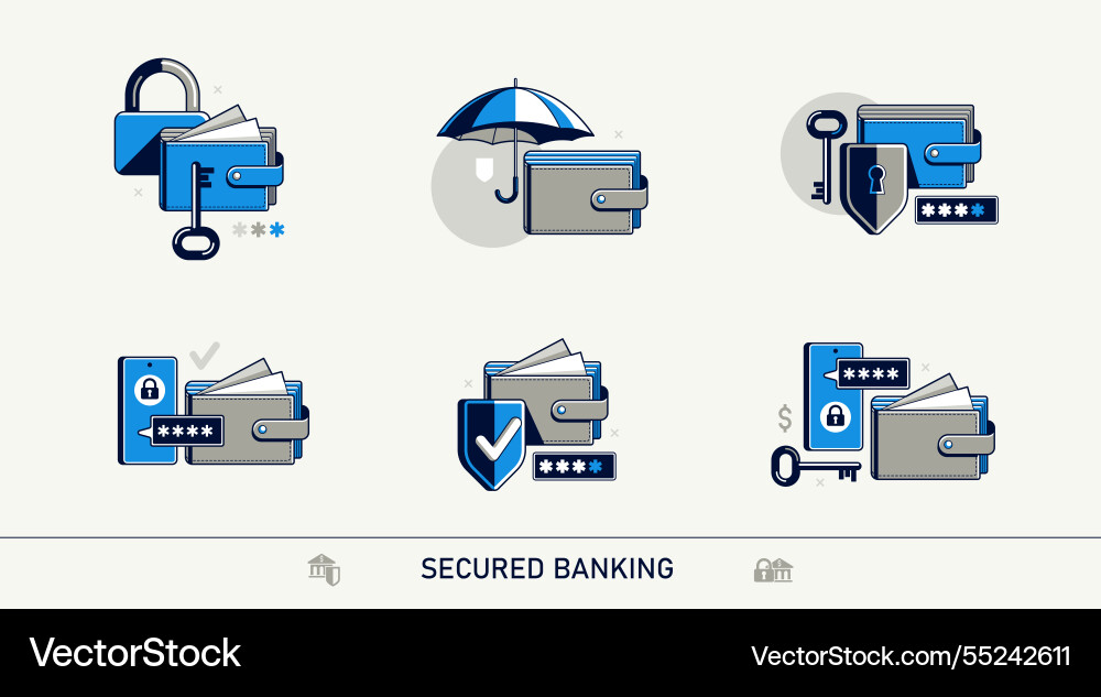 Gesicherte Bank detaillierte Icons setzen elektronisch Gesicherte Bank detaillierte Icons setzen elektronisch vektorbild