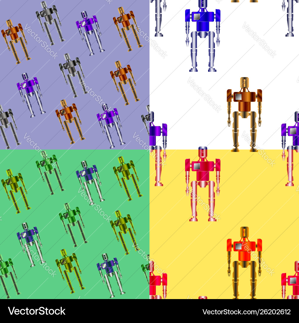 Four seamless patterns with robots on a colored vector image